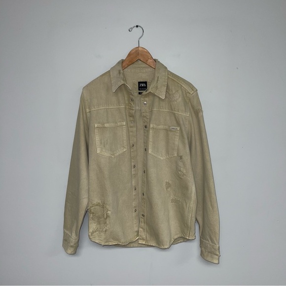 Zara Denim Overshirt Men's‎ Size Medium Khaki Tan Ripped Distressed - Picture 4 of 16